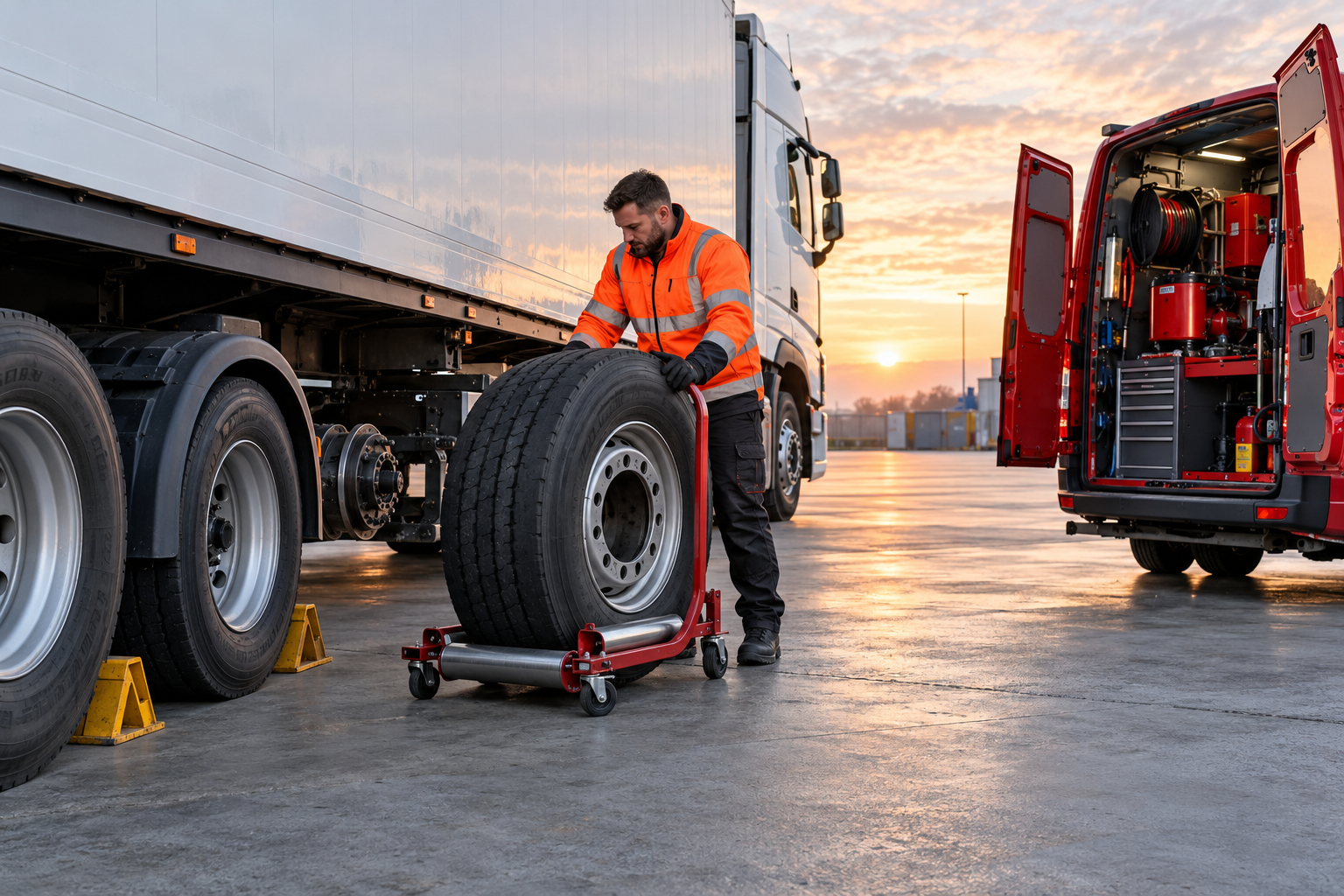 Commercial tyre technician positioning an HGV wheel on a trolley beside a white truck and red service van at dawn