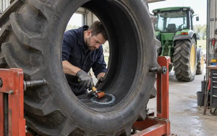 Technician rolling an internal repair patch onto a dismounted agricultural tyre with a tractor visible behind.