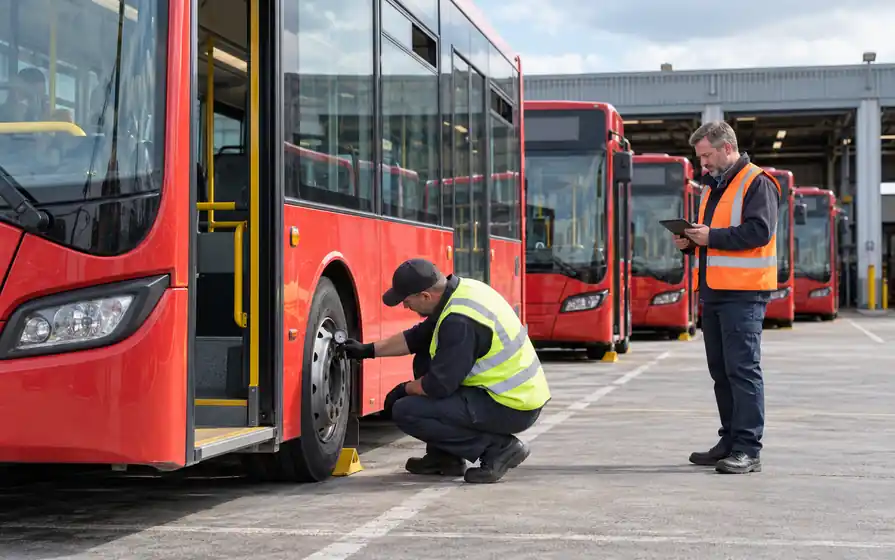 Technician checking a red city bus tyre with a pressure gauge while a supervisor records readings beside a row of buses.
