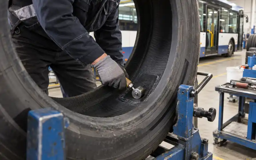 Technician pressing a patch onto the inner tread lining of a bus tyre held in a spreader.