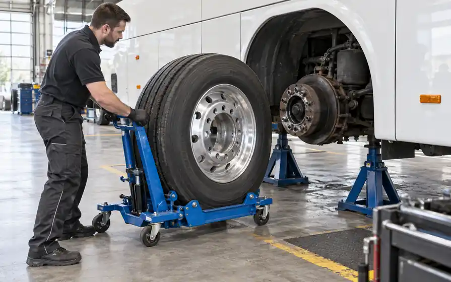 Technician moves a coach wheel on a blue hydraulic trolley toward the exposed hub of a supported coach.