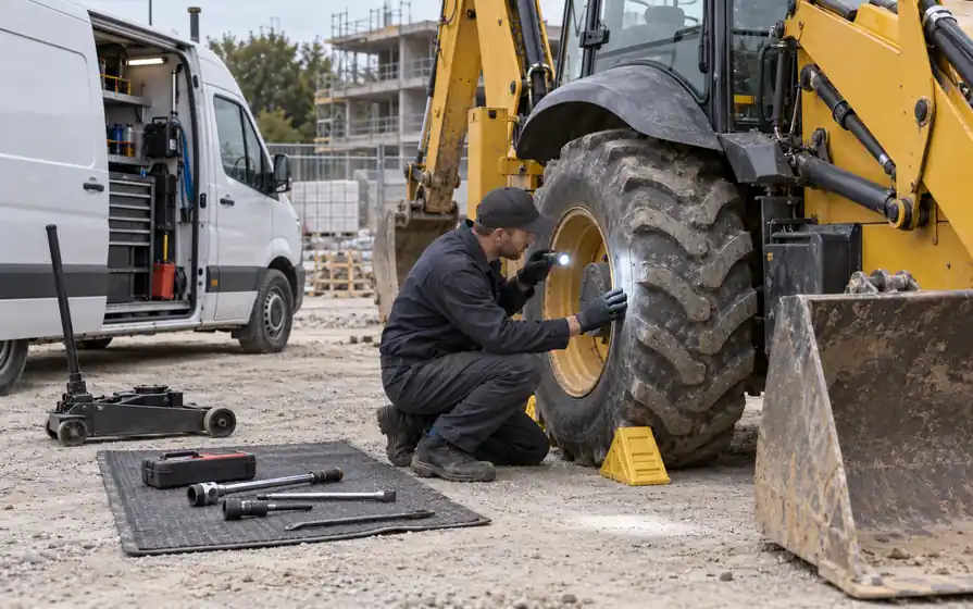 Mobile tyre technician checking a backhoe loader tyre beside a service van on a construction site.