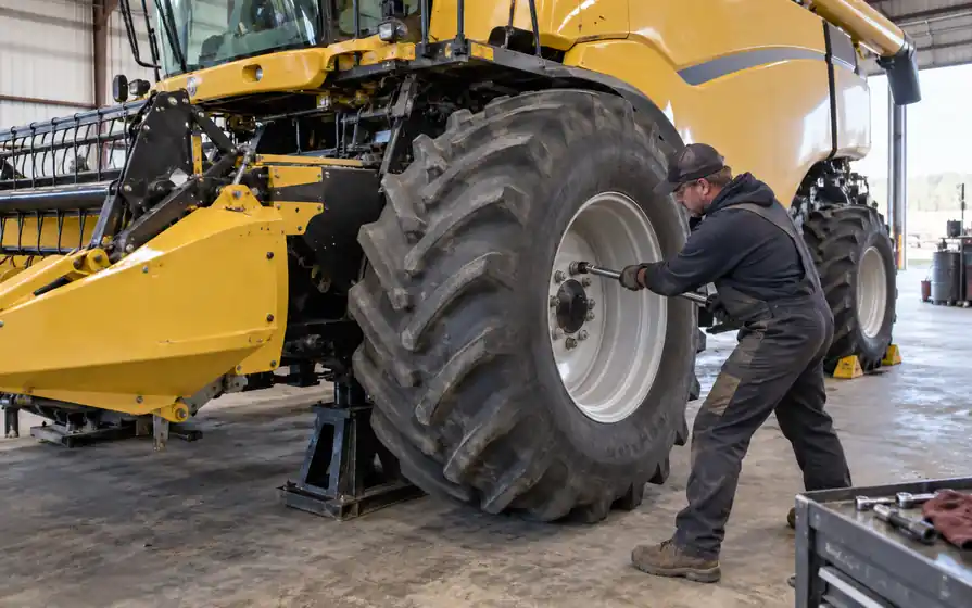 Mechanic tightening an upper peripheral wheel nut on the large agricultural tyre of a supported yellow combine harvester.
