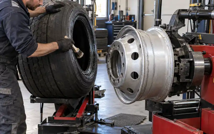 Technician brushes mounting lubricant onto a supported HGV tyre bead beside a steel rim clamped on a tyre machine.