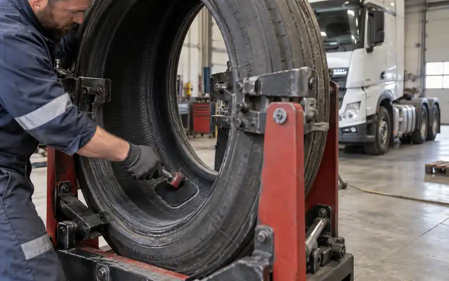Technician pressing an internal patch inside a demounted HGV tyre held by a heavy-duty spreader.