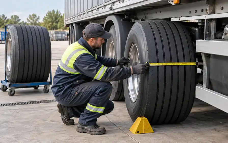 Technician inspecting an extra-wide super-single commercial tyre.