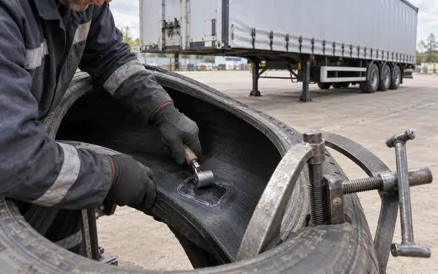 Technician rolling an internal repair patch inside a supported trailer tyre, with a detached semitrailer behind.
