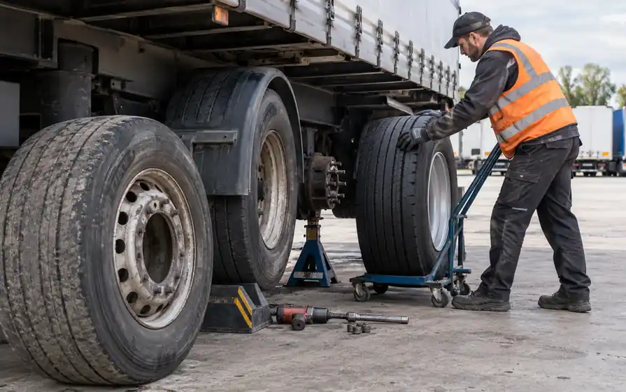 Technician guiding a new trailer wheel on a dolly toward an exposed hub, beside a removed worn wheel.
