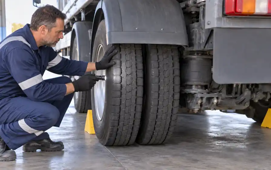 Technician visually inspecting paired rear truck tyres with a flashlight and a gloved hand on the tread.
