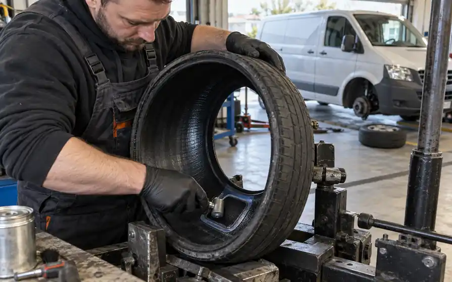 Technician rolling an internal puncture repair patch inside a van tyre held on a spreader.