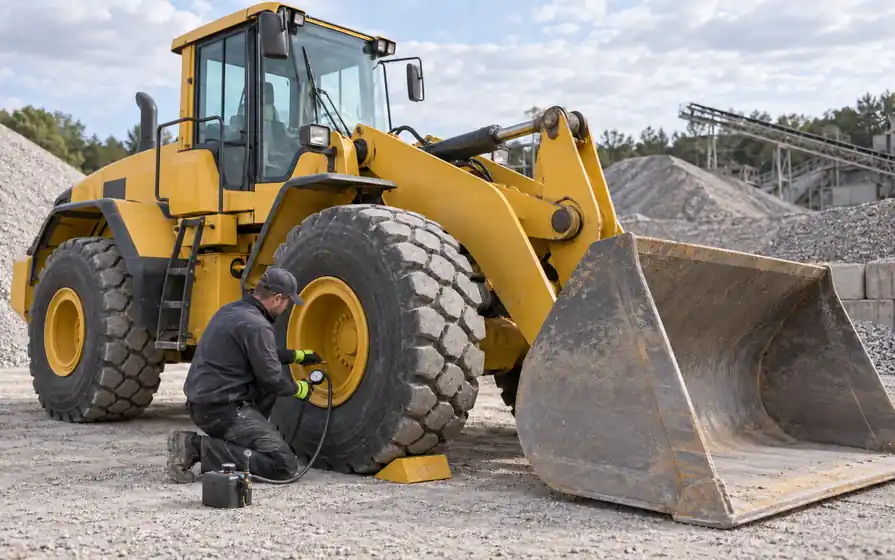 Technician checking a wheel loader tyre using a pressure gauge and hose connected near the lower-left rim, with its loading bucket grounded.